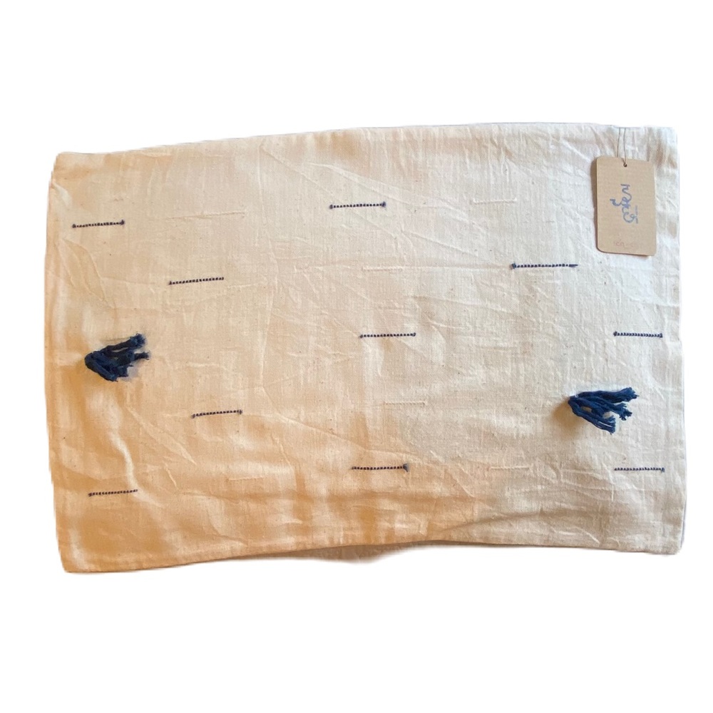 NWT Handmade Pillow Cover by Ichcha in Cream with Navy Stitching & Poms 14”x20”